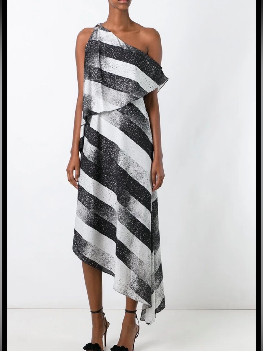 Halston Heritage Black and White One-Shoulder Striped Dress